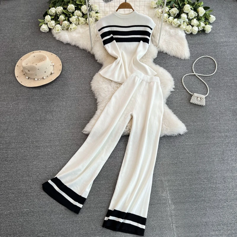 

2025 Women Knitted Round Neck Sleeveless Vest Tops High Waist Slimming Wide Leg Long Pants Y2k Streetwear Two Piece Sets