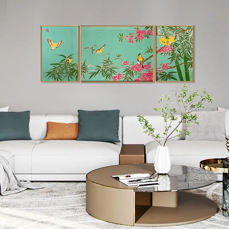 Zhu Bingren Copper‑Peach‑Bamboo‑Oriole Three‑Panel Wall Art Decor For Corridor Living Room Study Office Blessing Business Gift