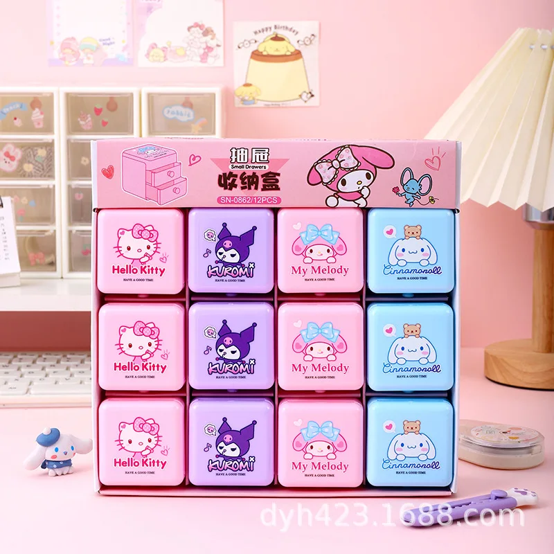 12Pcs Sanrio Hello Kitty Storage Box Cartoon Cinnamoroll My Melody Kuromi Double Layer Jewelry Stickers Organizer Box Wholesale