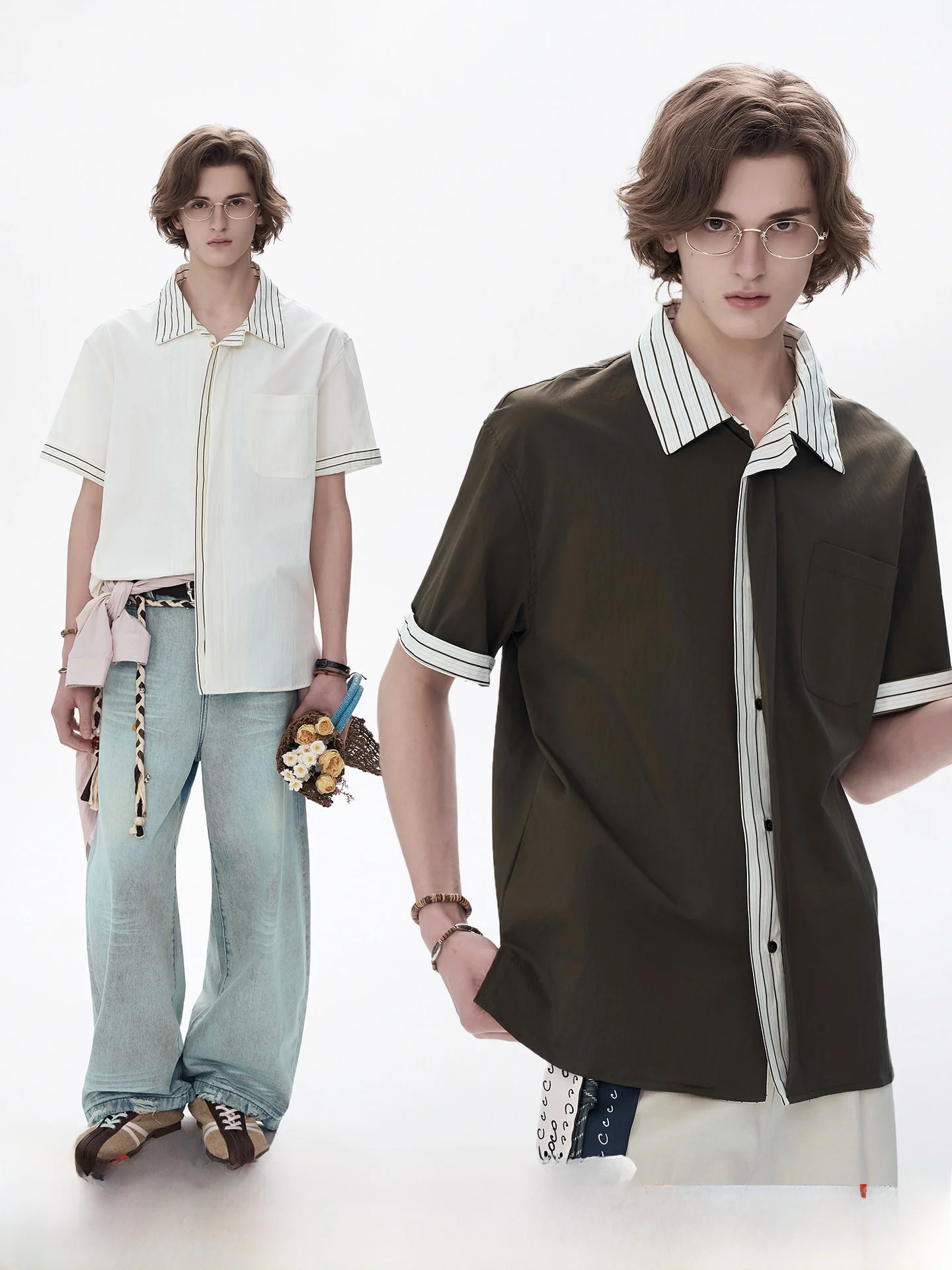 

Dream Made White Striped Short Sleeve Men's Shirt Summer Casual Loose Fit Breathable Comfortable Youthful Style Fashionable
