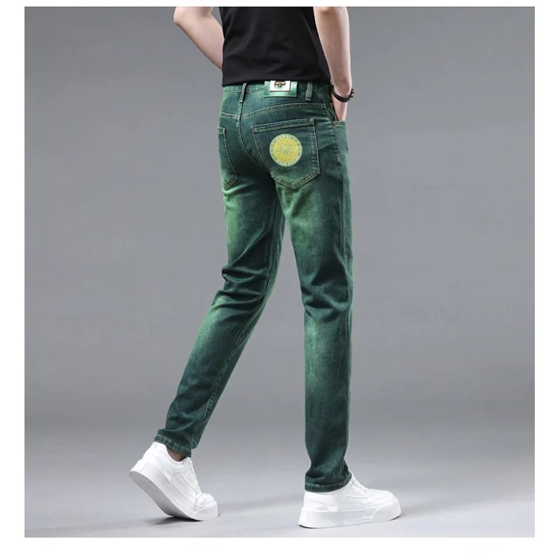 Emerald green jeans for men2024new affordable luxury fashion high-end Korean style fashion elastic slim fit ankle tight trousers