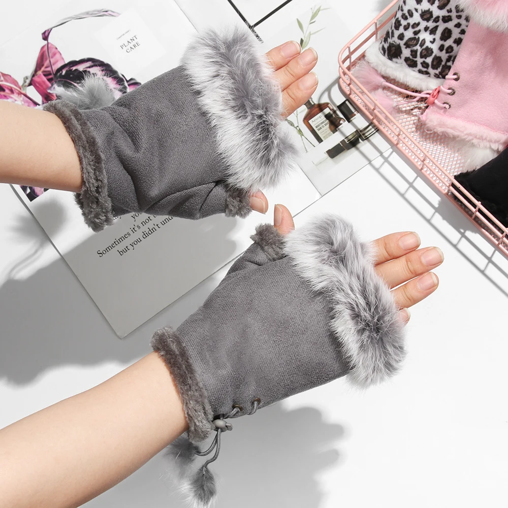 1Pair Fashion Faux Rabbit Hair Gloves Women Girls Winter Thicken Warm Mittens Outdoor Sports Fingerless Soft Stretch Gloves