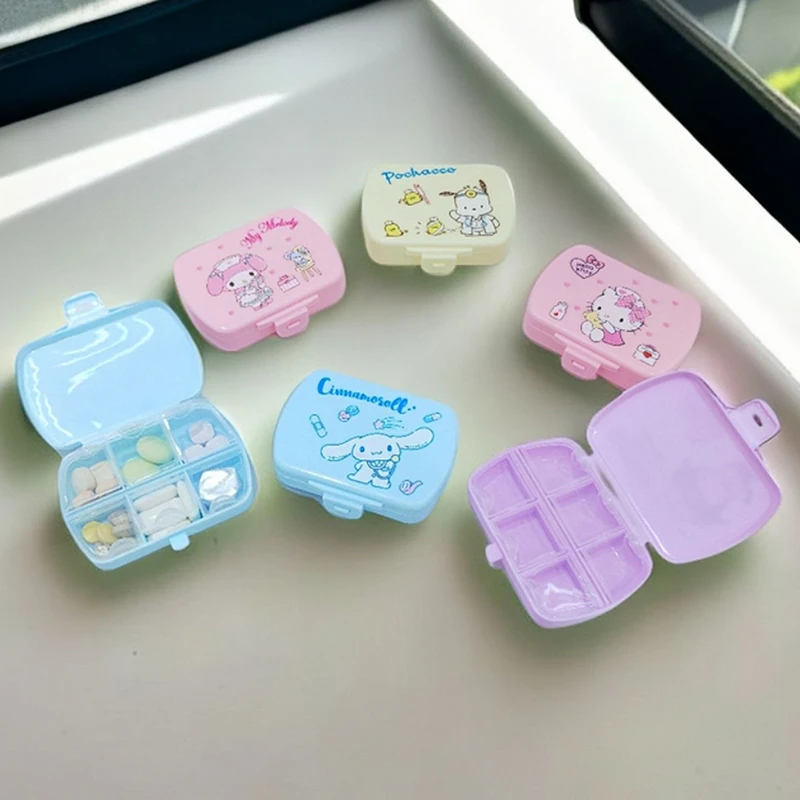 Portable Cartoon Sanrio Jewellery Box Cinnamoroll Hello Kitty Mini Pill Packaging Box Six Compartment Packaging Pill Storage Box