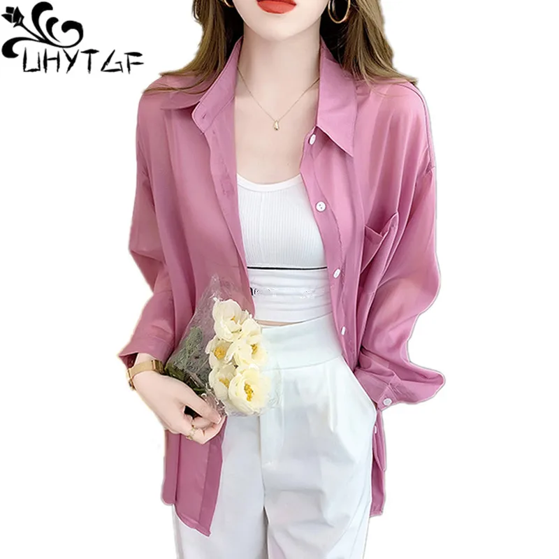 

UHYTGF Chiffon Summer Sun Protection Clothing Long Sleeves Breathable Shawl Cardigan Thin Coat Korean Loose Women Shirt Top 1793