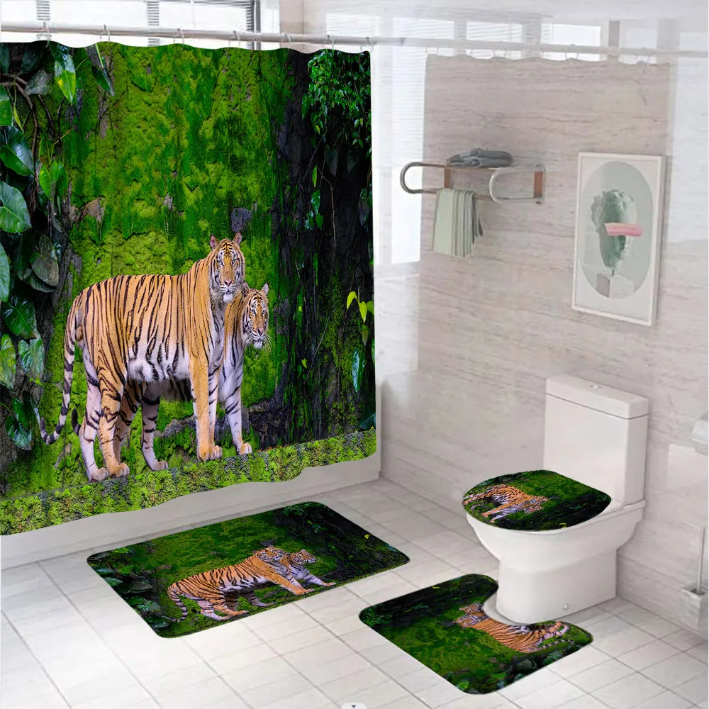 Tiger Jungle Animal Shower Curtain Bath Mat Set Forest Scenery Bathroom Screen Toilet Lid Cover Anti-slip Carpet Flannel Rug Pad