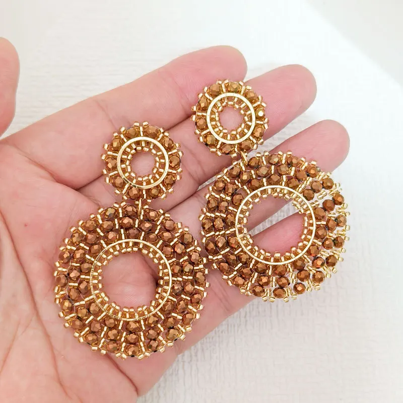 Beaded earrings Roundness Originality Crystal Alloy Hand knitting Bohemia Tide Simple Rice bead earrings