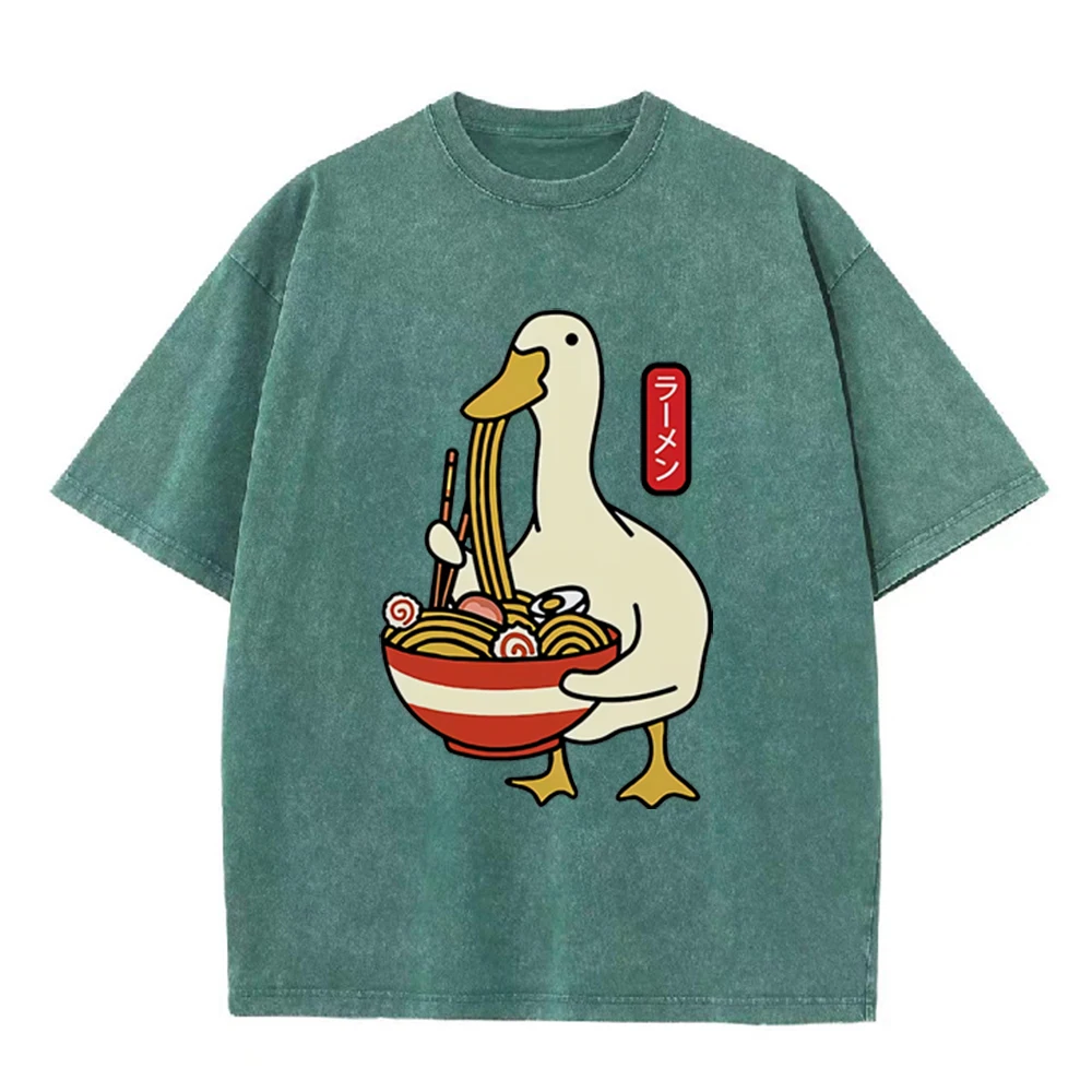 2026 Vintage Washed Beige Cartoon Duck Ramen Graphic T Shirt Japanese Noodle Print Oversized Casual Short Sleeve Tee