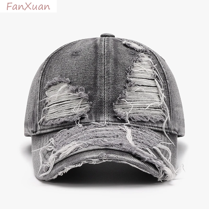 Distressed Denim unisex Baseball Cap Washed cotton Ripped Vintage Streetwear Hat for Daily Wear