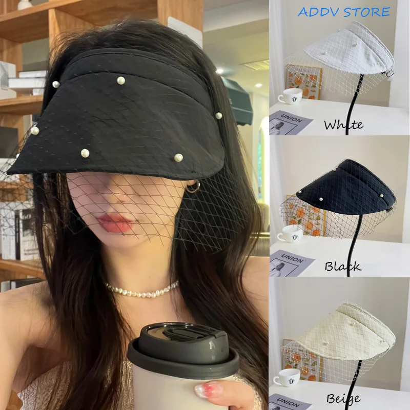 

Elegant Celebrity Style Pearl Mesh Empty Top Hat Summer Outing Sun Protection Hat Black Topless Cap Beach Hats Women