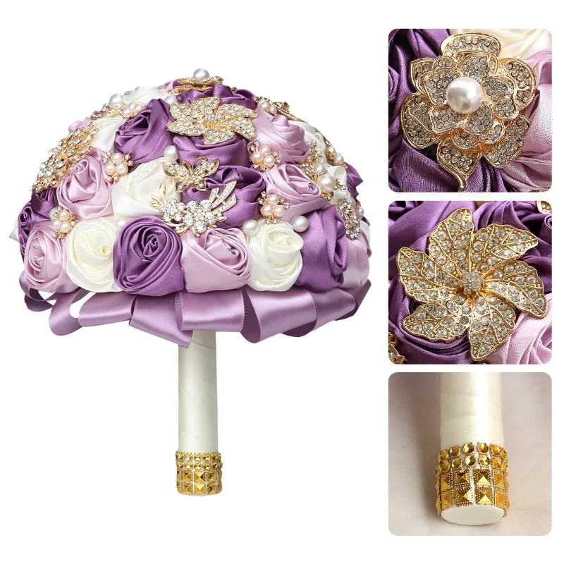 Amazon Purple Luxury Rhinestone Ribbon Rose Roll Bouquet Wedding Supplies Manufacturer W913B