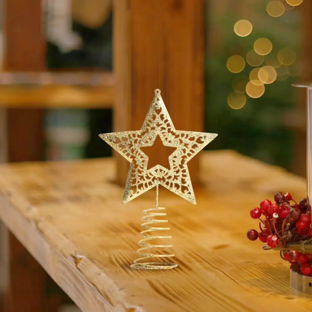 Christmas Tree Star Topper Golden Glitter Home Party Decor, Hollow