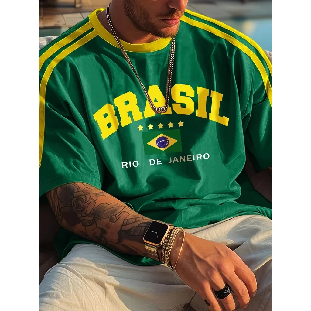 Hot Selling Top Brazil Pattern Printed T-shirt Unisex Top With Shoulder Details Burgundy Multi-size Casual Tee Daily Street Wear