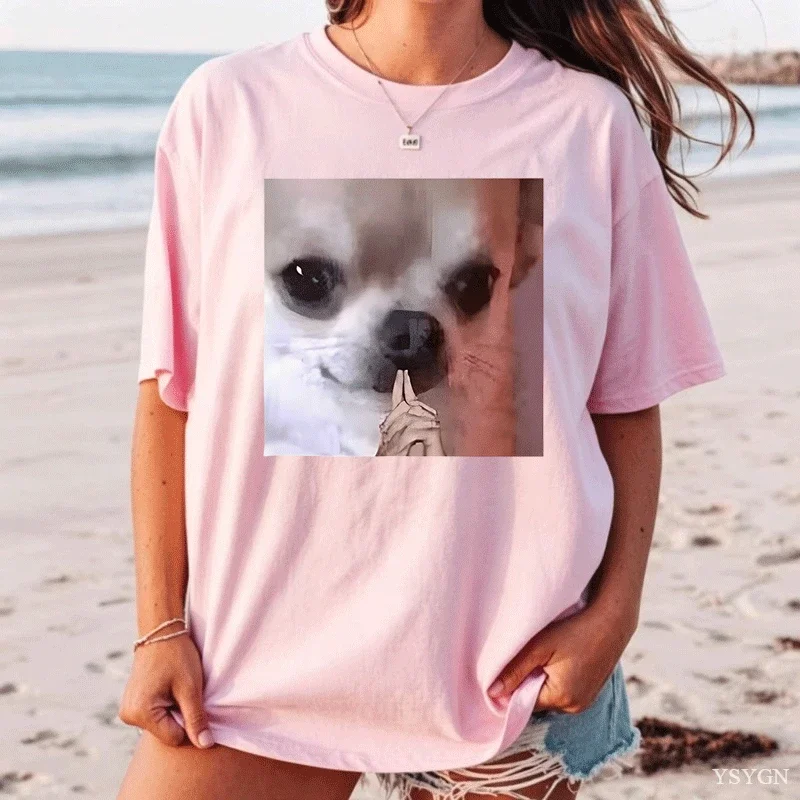 Women Shhh Chihuahua Meme Graphic Tshirt Cute Dog Photo Print Short Sleeve Casual Ladies Loose Funny Pet Streetwear Tee