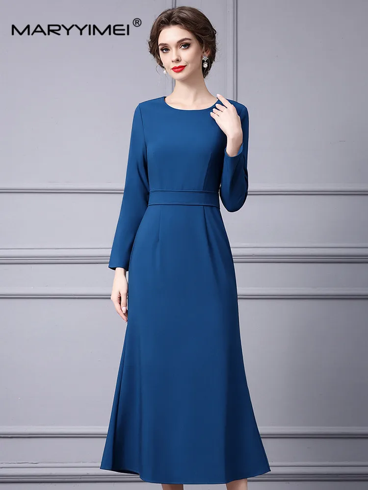 MARYYIMEI New Fashion Runway Designer Women\'s Round Neck Long Sleeves Minimalism Temperament Commuter Style Closed Waist Dress