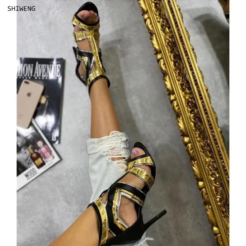 

2025 Gold Straps Open Toe Sandals Women Mirrored-leather High Heels Stylish Shoes Ladies Elegant Back Zipper Party Sandals 44
