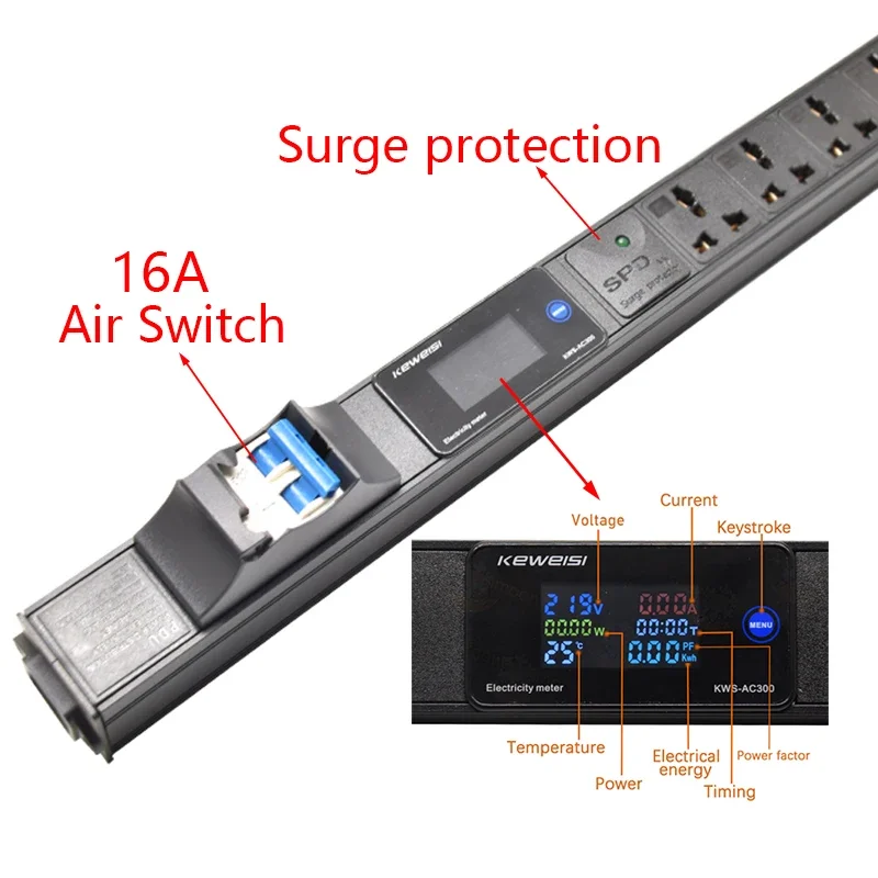 Metal Power Strip Digital voltage Electricity meter Surge protection 2-9Ways Universal Socket 2USB Port 5V 2A IEC C14 Input