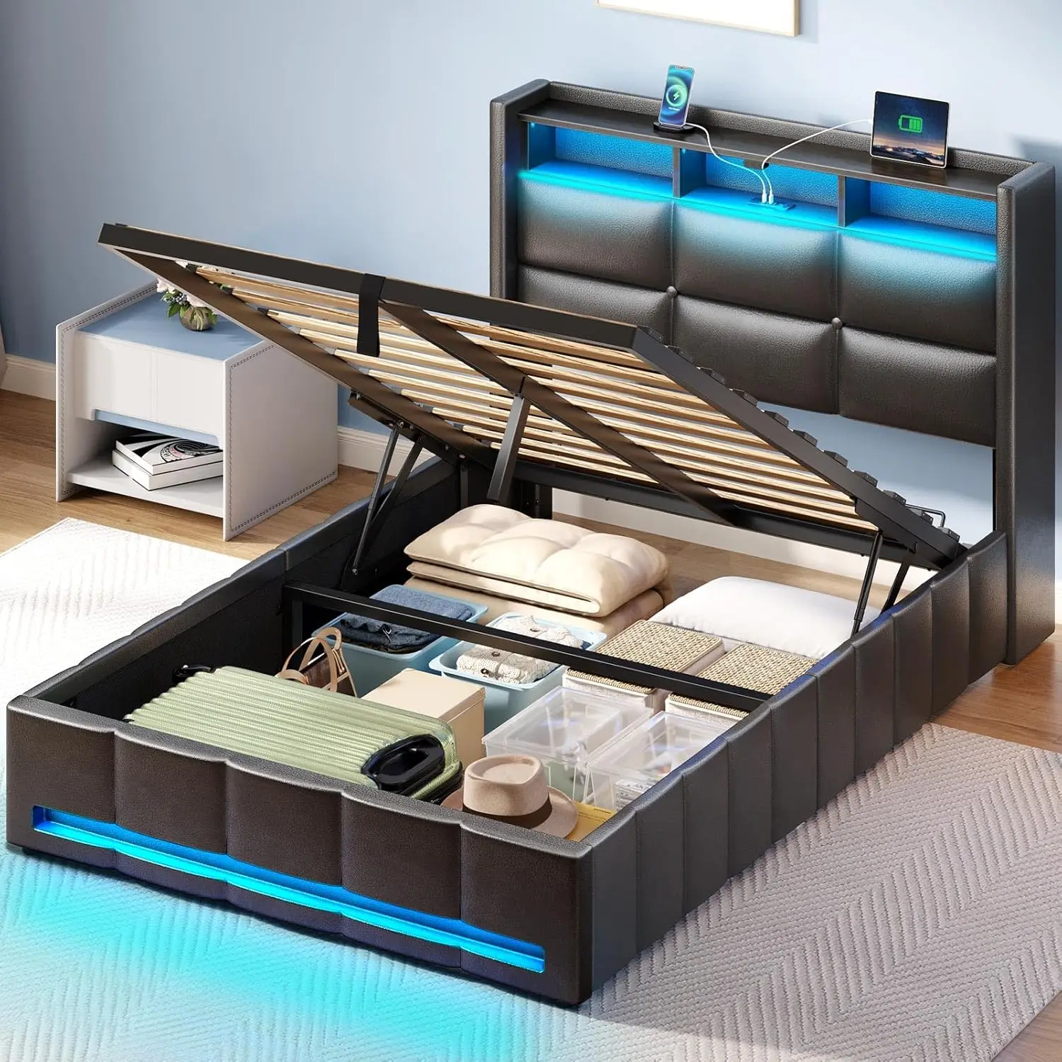 

Bed Frame Twin Size with Lift Up Storage, Charging Station & LED Lights, Upholstered Storage Headboard, Heavy Duty Woode