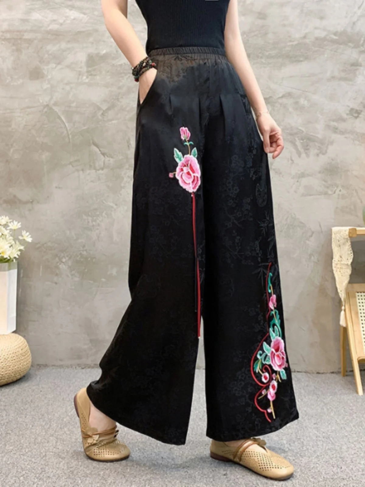 New High Waist Silk Face Embroidered Women's Summer Wide Leg Pants Long Trousers Ethnic Chinese Style Heavy Embroidery Skirt ...