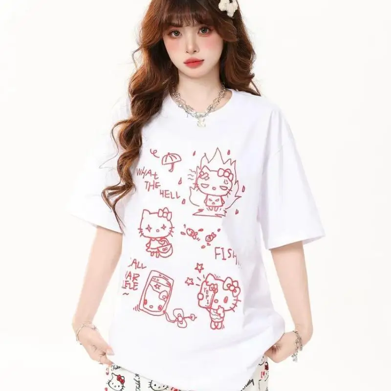 Sanriohello Kitty Cute Kt Cat Print Short-Sleeved T-Shirt for Women In Summer New Sweet Cool Loose Lazy Style T-Shirt Top Ins
