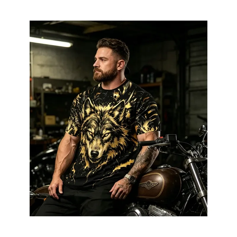 for Men Large Size Short Sleeve T Shirt Golden Wolf Print Domineering Tough Guy Style Fitness Wear Casual Top 2026
