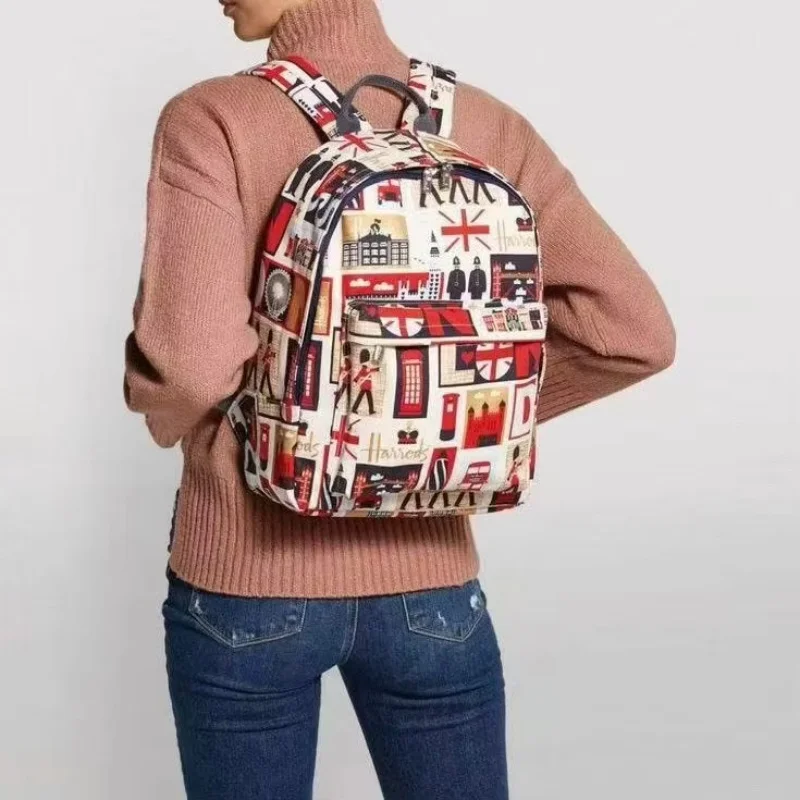 

Harrods Backpack Cartoon London Style Large Capacity Rucksack 38*27*14cm Student Schoolbag Outdoor Travel Shopping Bag