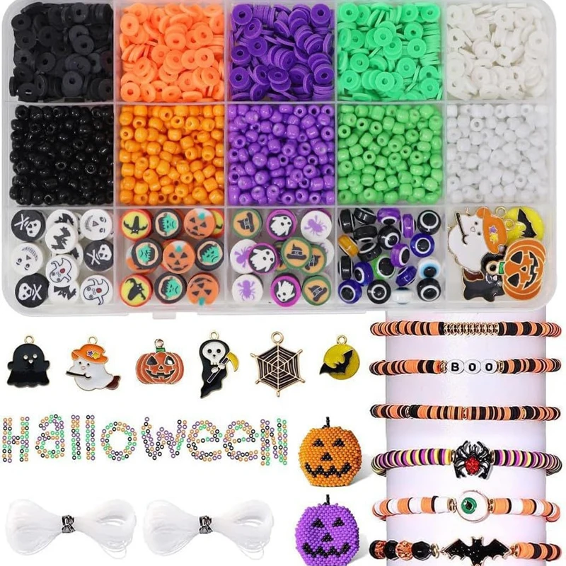 

1 Box Halloween Clay Beaded Bracelet Beads Making Sequins Ghost Pumpkin Bat Pendant Mix Kit DIY Craft Wedding Sewing Accessories