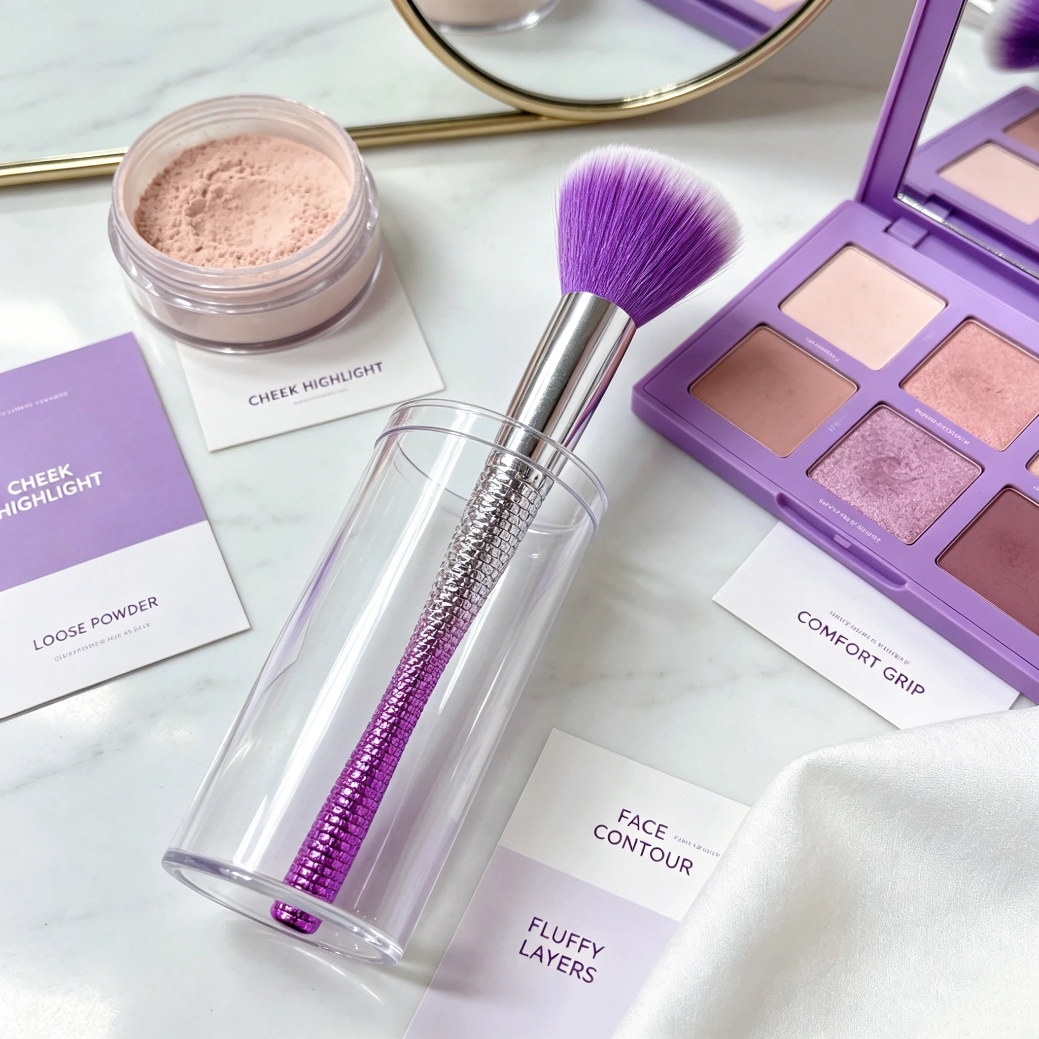 Fan-shaped makeup brush: soft bristles for highlighter, blush, and loose powder. Ideal beauty tool for beginners.