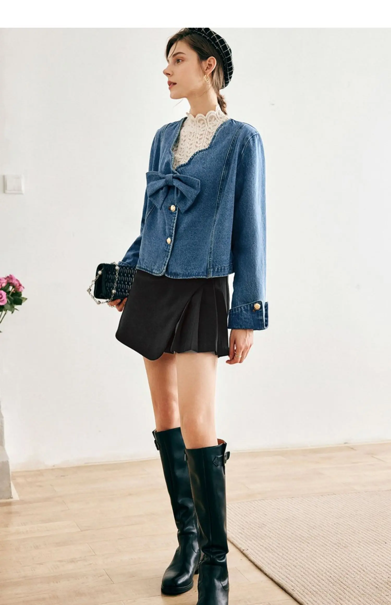 

OLrain Denim Women's Short Jackets 2025 Autumn New Cotton Petal Collar Bow Metal Button Long Sleeve Vintage Outerwear O22QW65202