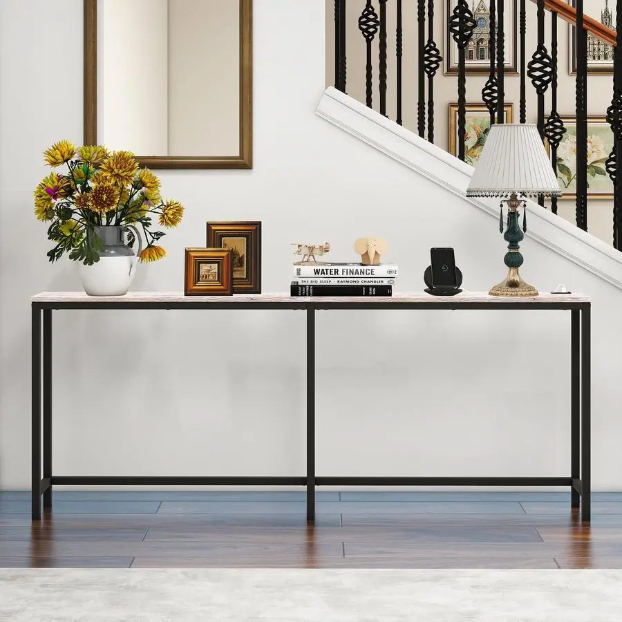 

70.8 Inch Console Table with USB Ports, Sofa Table with Charging Station, Narrow Entryway Table, Skinny Hallway Table,Maple
