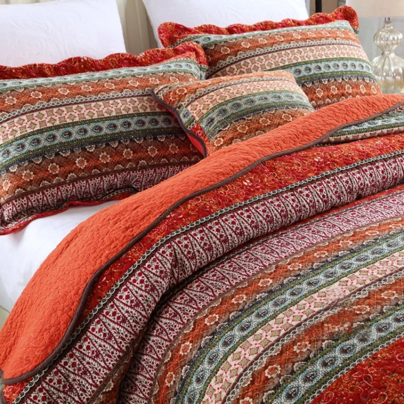 Bohemian Style Floral Print Quilted Bedspread Set, Reversible 100% Cotton 3pcs Quilt Set with Pillowcase, Home Decor 1pc Blanket