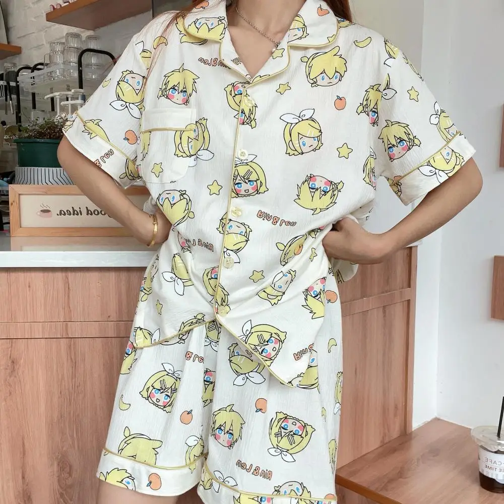 2Pcs Hatsune Miku Women's Pajama Set Summer V-Neck Short-Sleeve Tops and Shorts Japanese Girls Anime Sleepwear Homewear Gifts view 5