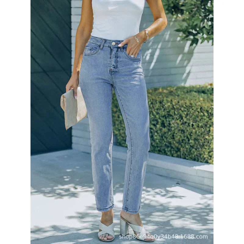 Cross-Border European and American Light Blue Stretch Denim Straight-Leg Pants Cigarette PantsTEMUAmazonSHEINForeign Trade Facto