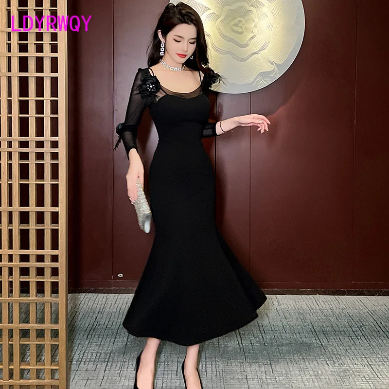 Annual Meeting Evening Dress 2023 Autumn/Winter New French Design Sense Mesh Slim Fit Fishtail Dress