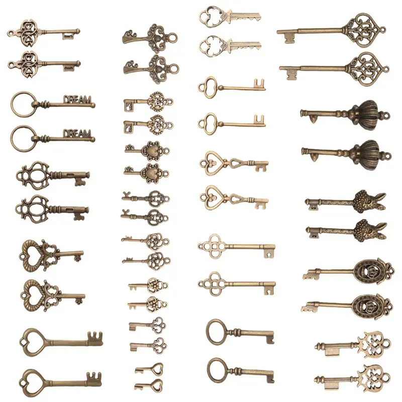 HITL 46Pcs/Set Mix Kit Old Looking Retro Antique Brass Bronze Decorative Vintage Key for Steampunk Charms Pendant Jewelry