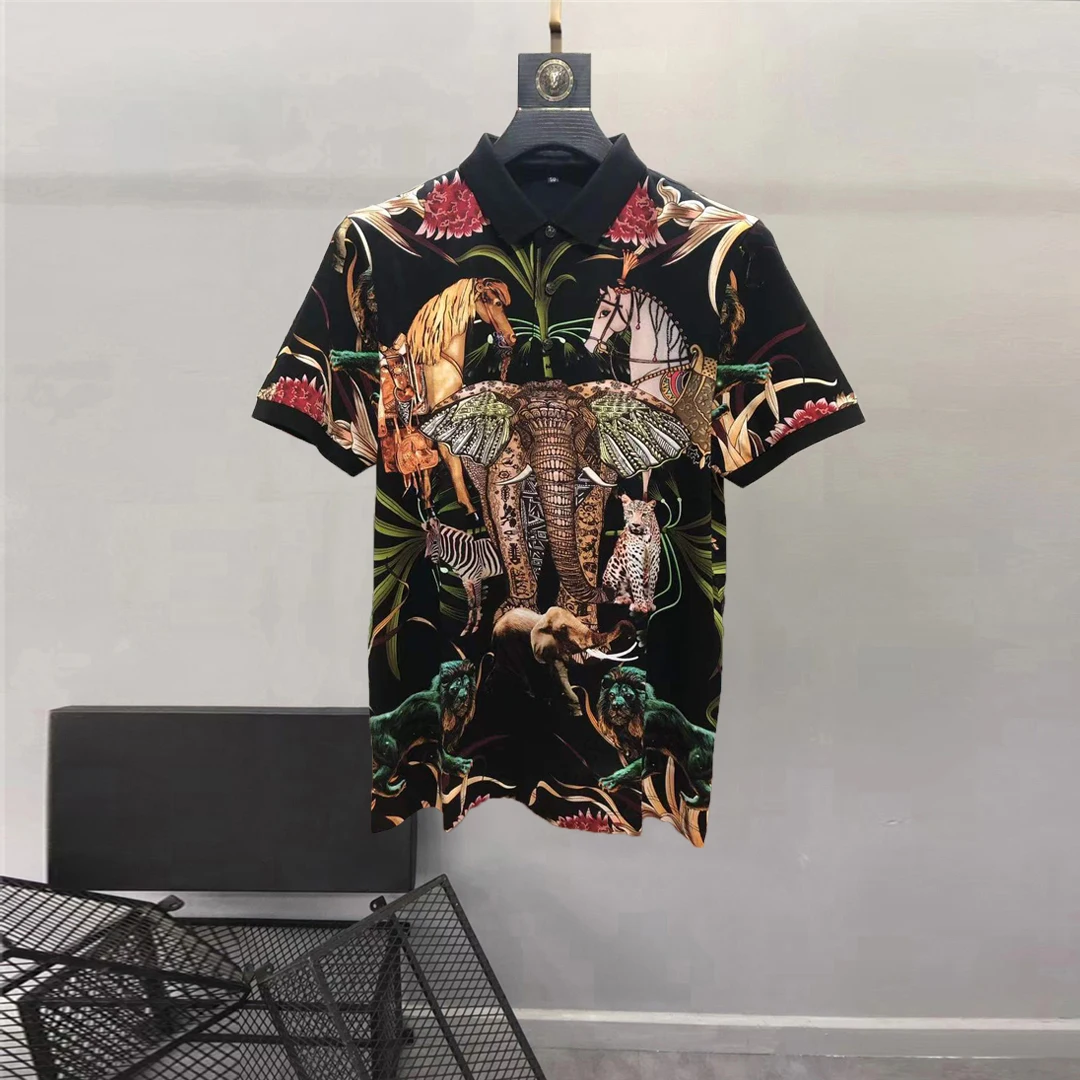 Europe and the United States men's 2024 winter new Short-sleeved lapel horse elephant print Fashion T-shirt