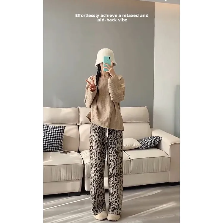 ارتفاع الخصر الطابق طول كسول سراويل تقليدية المرأة الجديدة 2025 الأمريكية ليوبارد طباعة المنك المخملية السراويل الكورية Sle مستقيم الساق