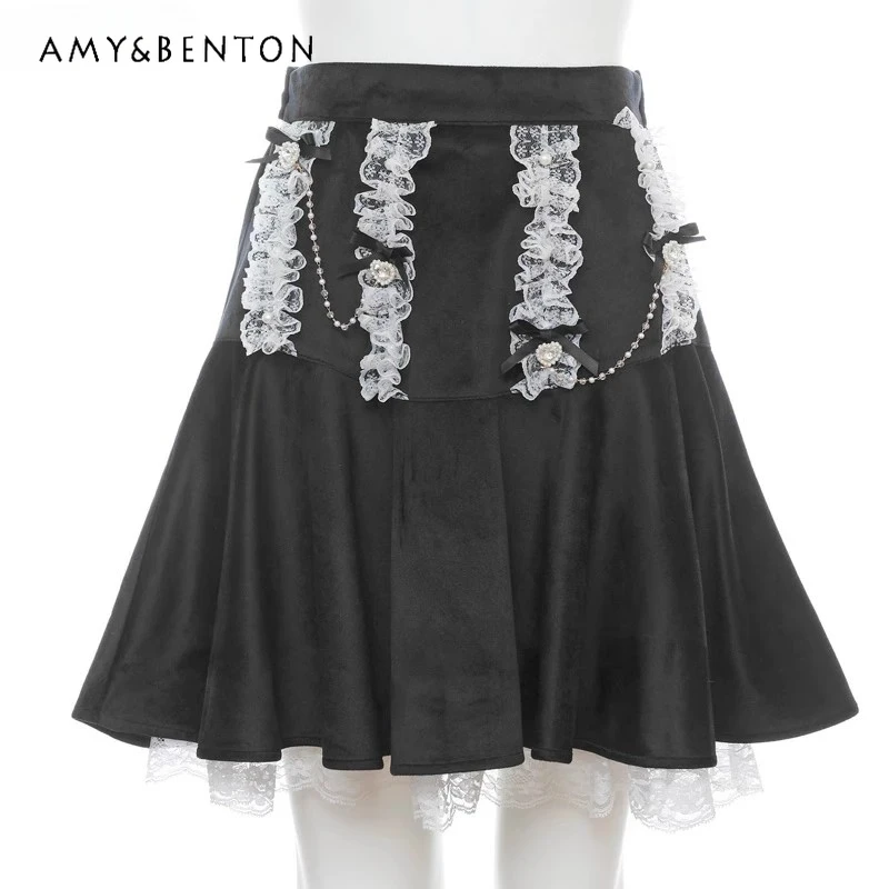 

Japanese Sweet Cute Lace Love Pendant Beaded Mini Skirt Lolita All-Match Slim Y2K Skirt Kawaii Mine Mass-Produced Black Skirt