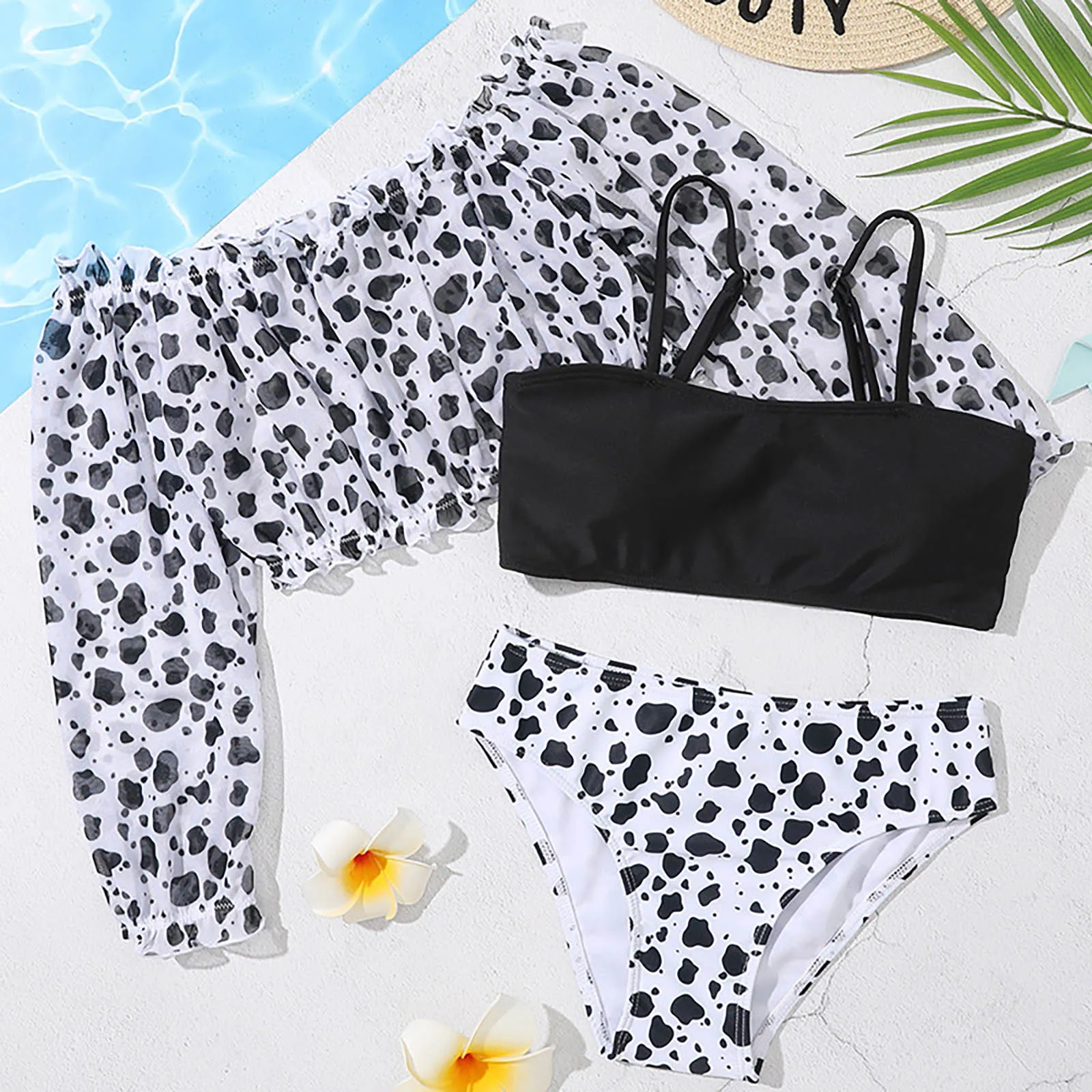 الفتيات ليوبارد طباعة ملابس السباحة بيكيني مجموعة طويلة الأكمام ملابس الصيف عطلة الشاطئ المايوه حمام سباحة حزب حلي