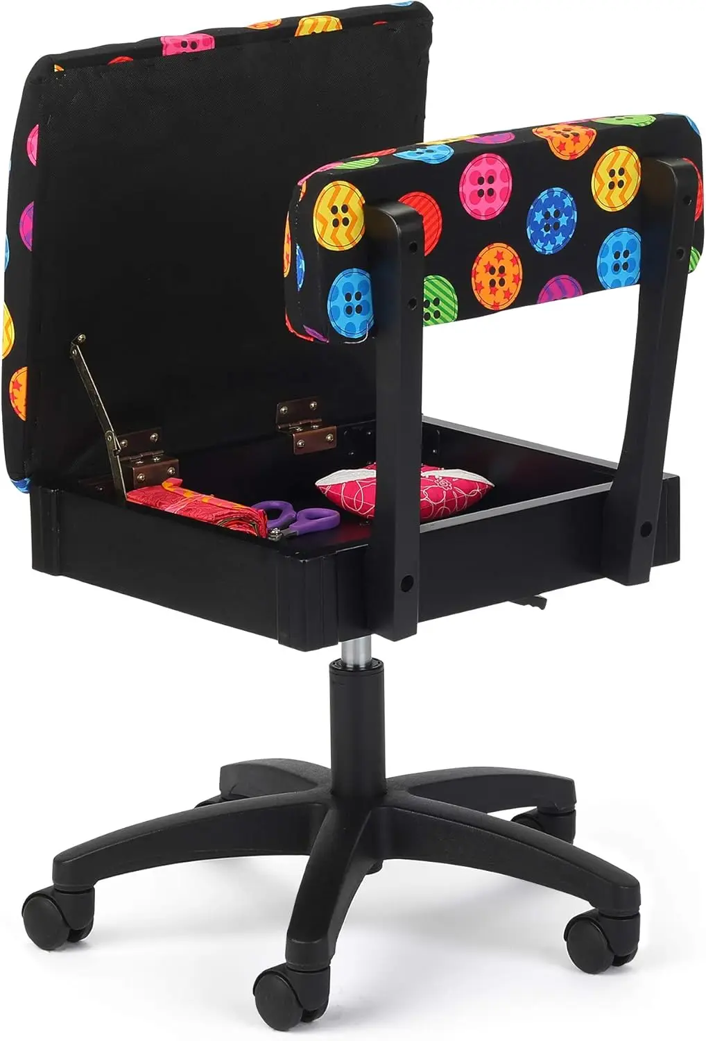 Adjustable Height Hydraulic Sewing and Craft Chair with Under Seat Storage and Printed Fabric, Bright Button Fabric Print