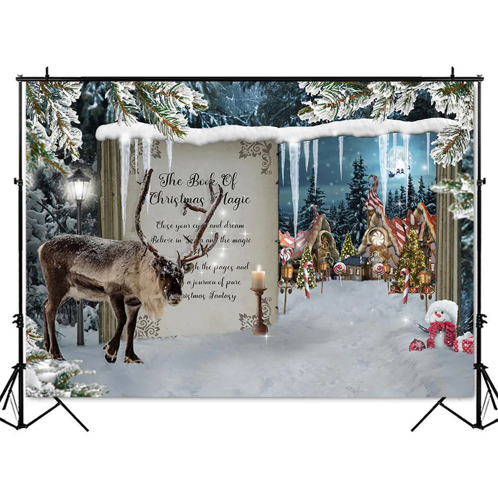 The Book Of Christmas Magic Backdrop for Photography North Pole Photo Booth Background Deer White Snow Scene Banner Kid Portrait