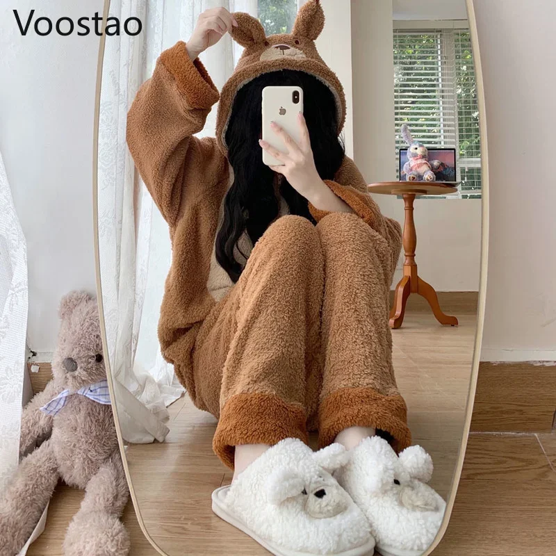 Autumn Winter Women Cute Bear Onesie Home Pajamas Warm Coral Fleece Kawaii Hooded Homewear Sleepwear Girls Sweet Lounge Pyjamas