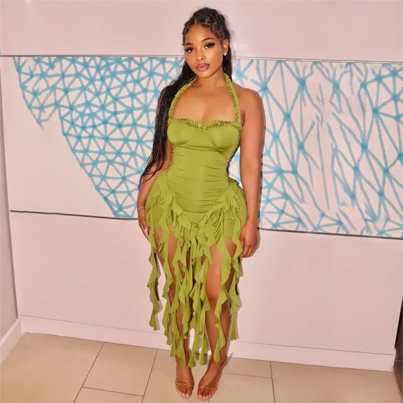 فساتين فستان سهرة 2025 امرأة فيستدوس أسلوب بسيط Bodycon مطوي شرابة الرسن الرقبة الساخن فتاة نمط بلا أكمام مزاجه