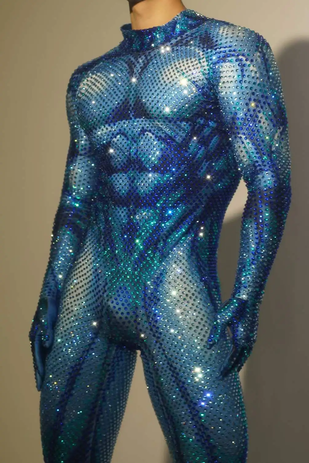 Blue Full Rhinestone Luxury Jumpsuits For Men Carnival Mardi Gras Photo Shoot Props With Gloves Hot Drilling Las Vegas Show 2024