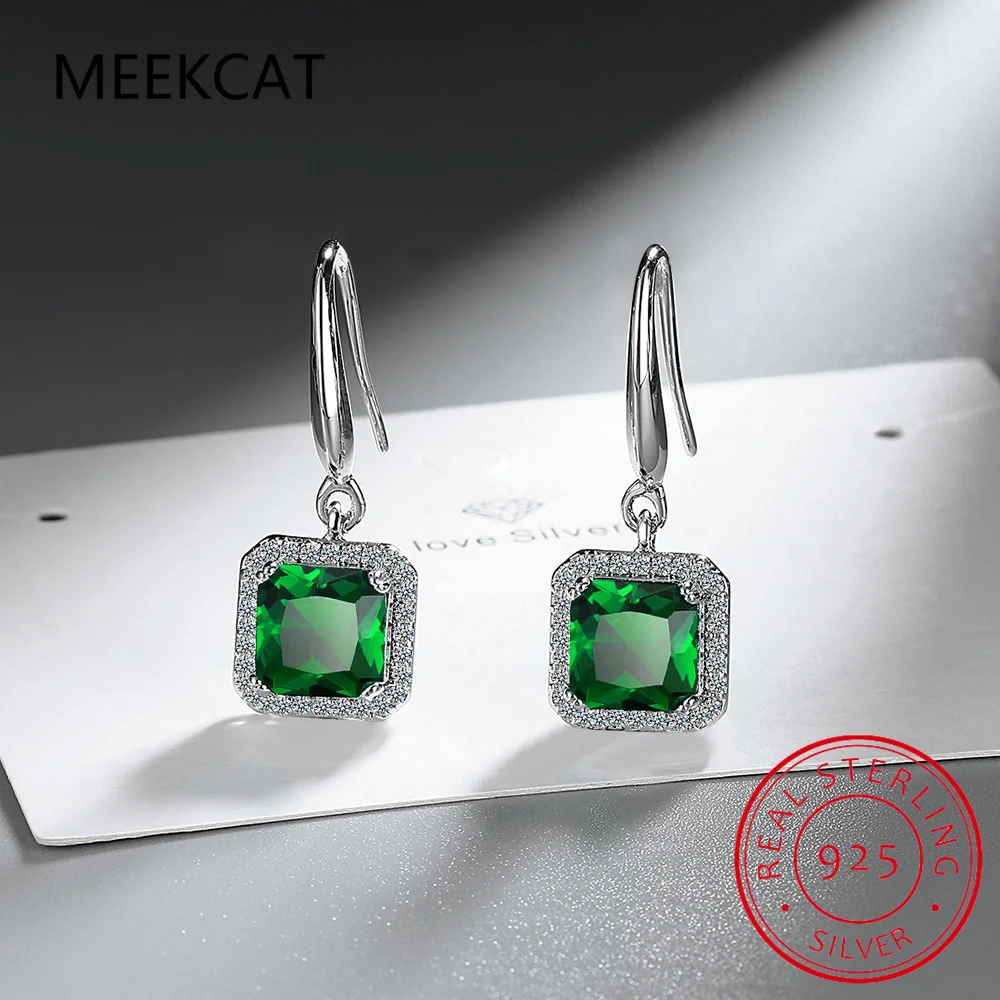 Princess Cut Simulated Nano Emerald 925 Sterling Silver Square Drop Earrings for Women Fashion Statement Green Gemstone Jewelry
