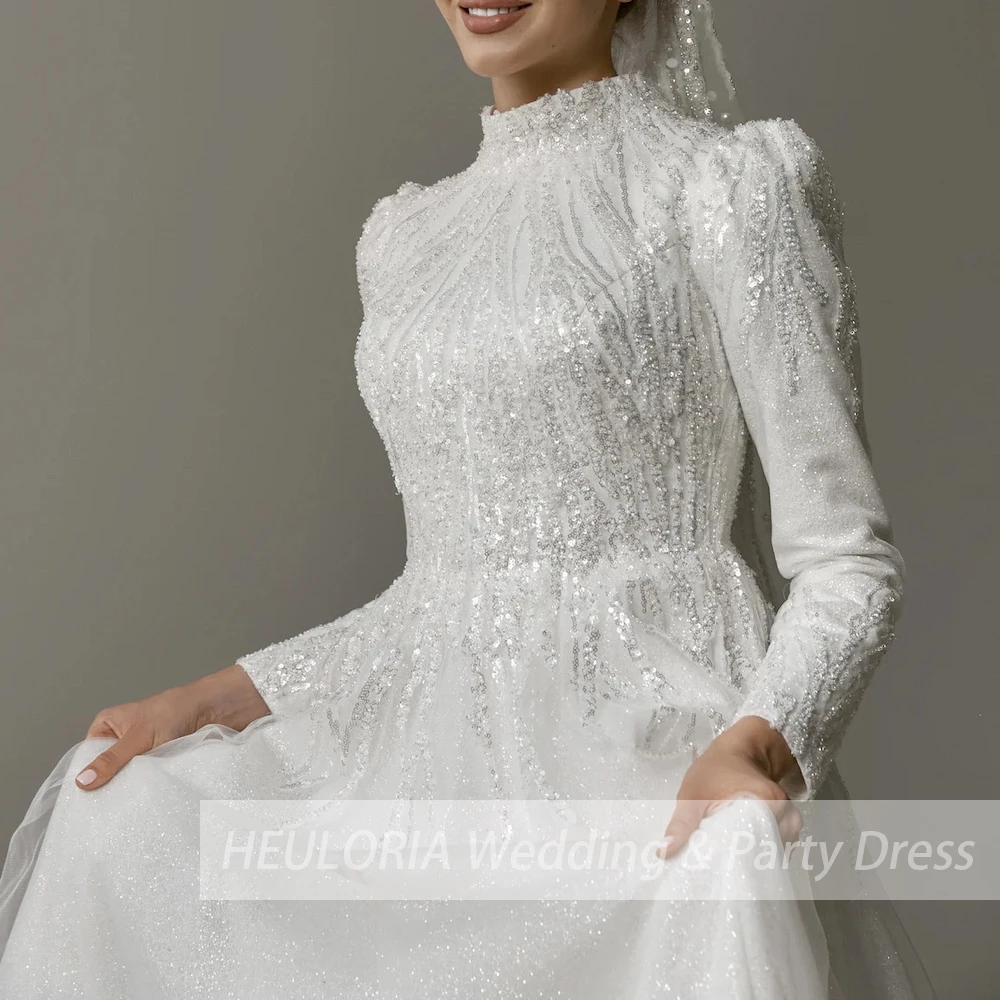 Vestido de Noiva Muçulmano Manga Longa, Vestido De Noiva De Pescoço Alto, Rendas Beading, Elegante, Plus Size