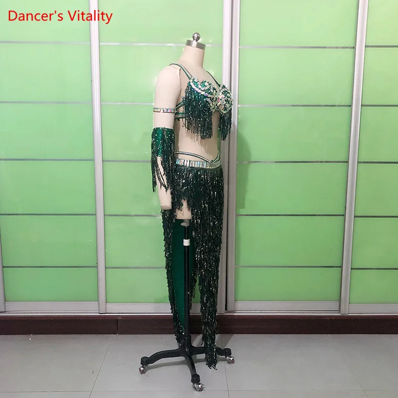 Belly Dance Performance Costumes Set Senior Stones Tassel Bra+fringed Skirt Suit Cusomzied Oriental Dance Competition Outfit