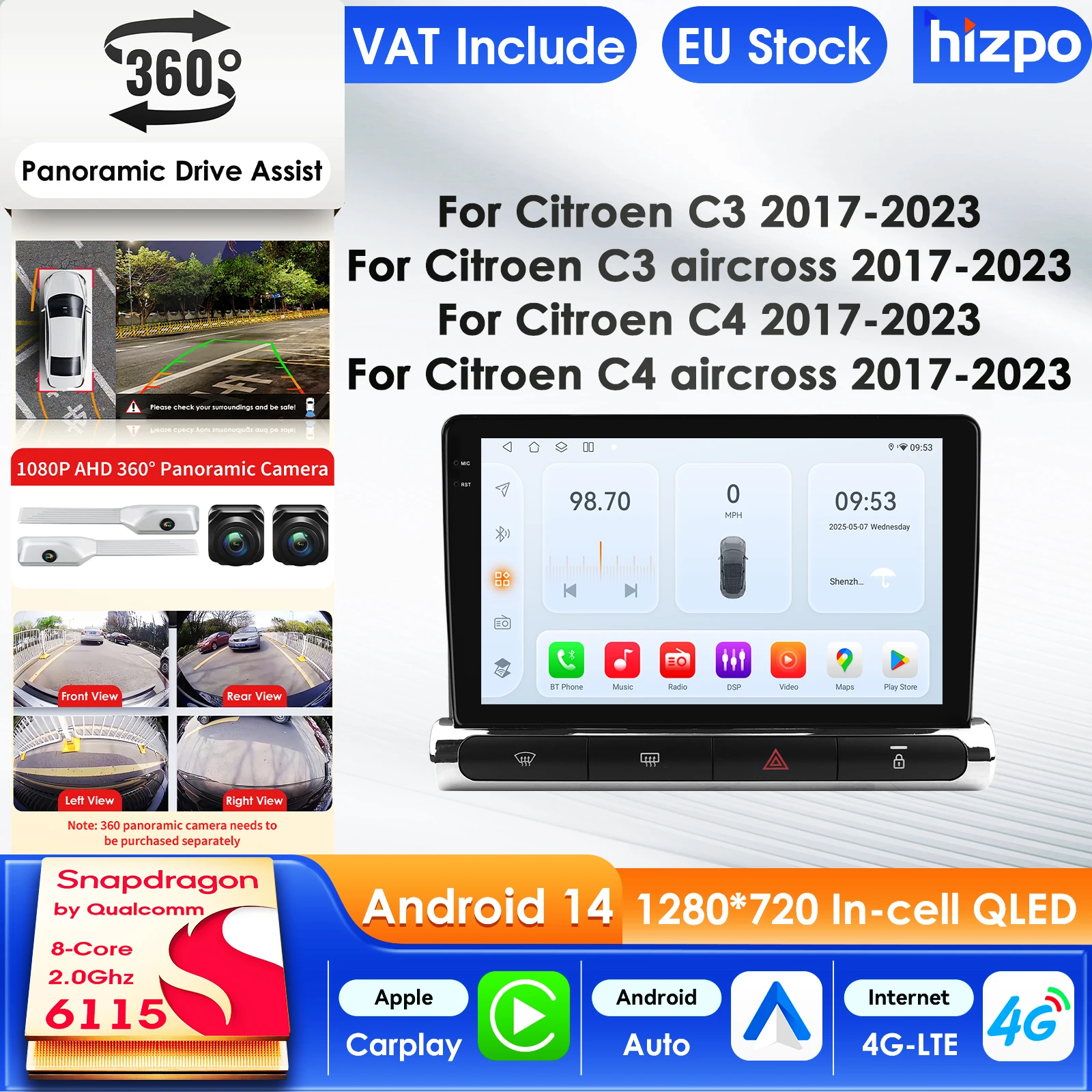 Hizpo Carplay 4G 7862 AI Systeme Android 14 Autoradio für C3 Aircross 2017 - 2023 C4 Multimedia-Videoplayer GPS 2 Din Autoradio