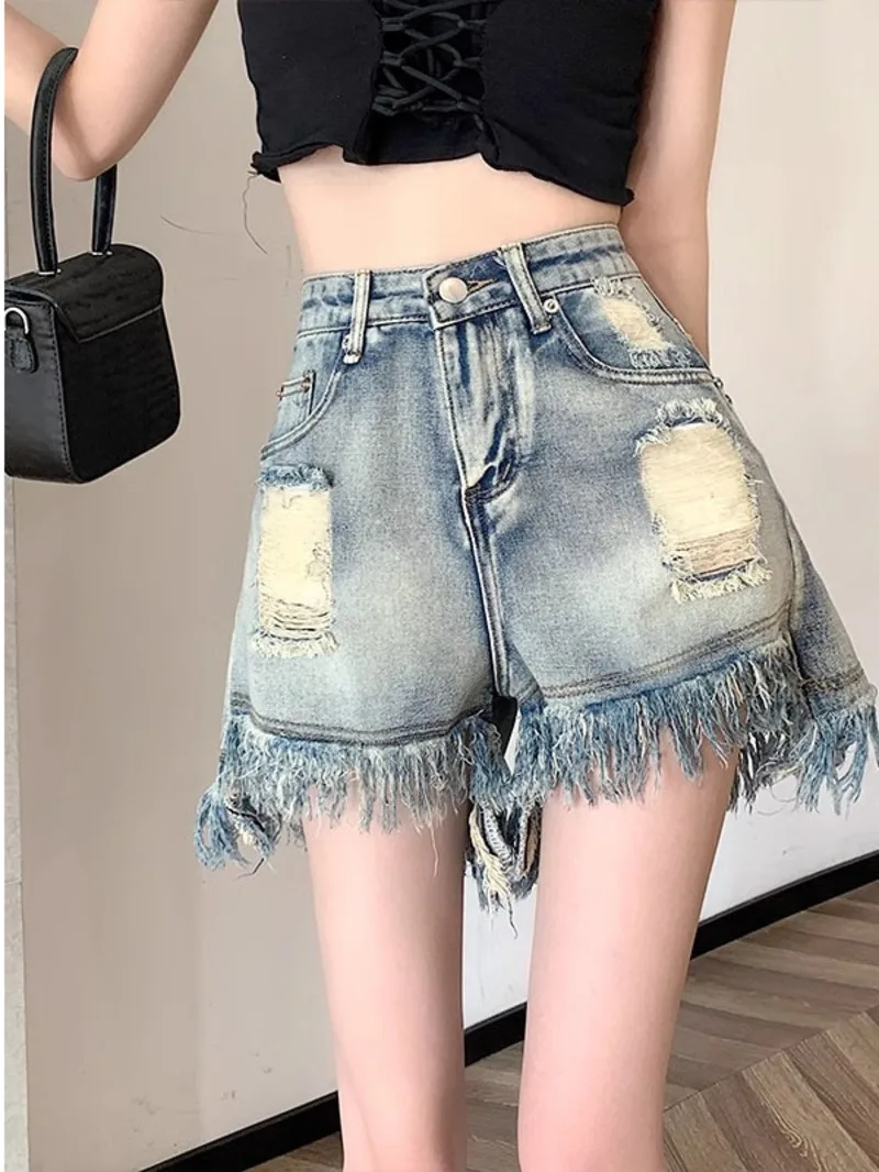 

High waisted denim shorts with distressed edges womens summer new loose and slimming straight leg pants A-line wide leg hot Y5ND