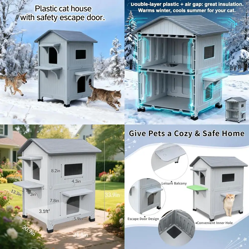 

Двухэтажный изолированный уличный укрытие для кошек для нескольких ферментов, белый, 34x21x21,5