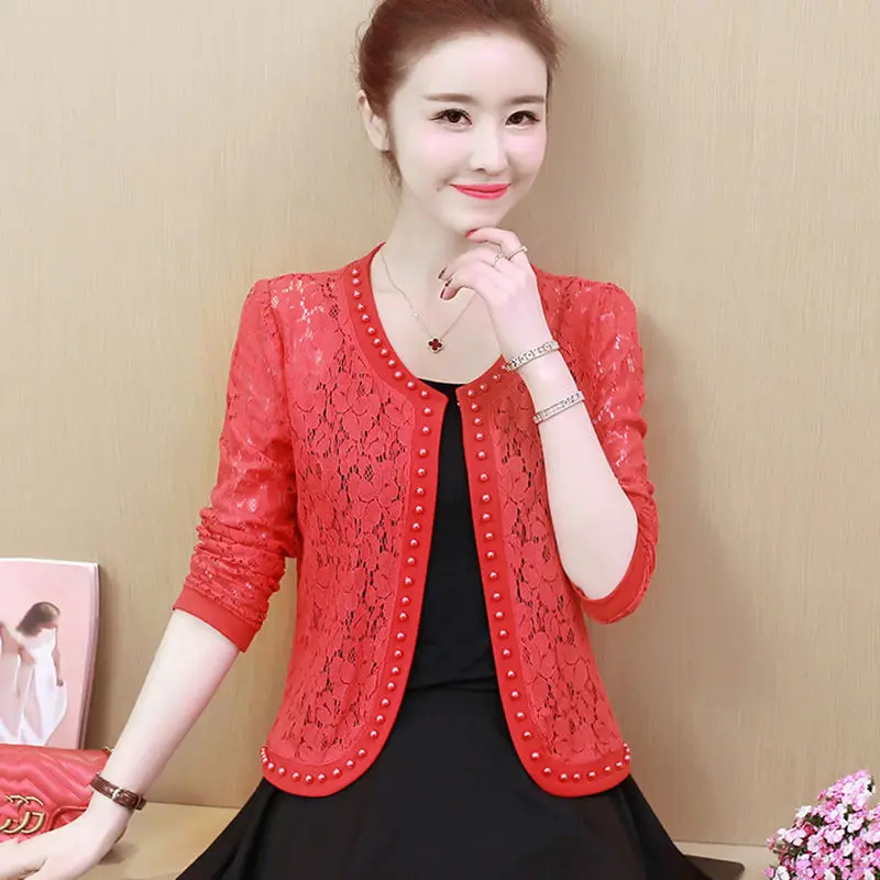 Elegant O-Neck Hollow Out Beading Cardigan Lace Shirt Women\'s Clothing 2023 Autumn New Oversized Casual Tops Office Lady Blouse